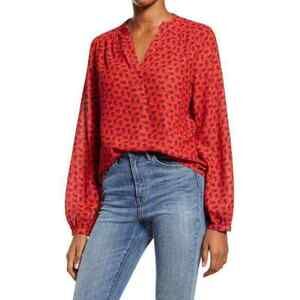 TREASURE & BOND Placket Shirred Blouse In Red Bloom Toss Deco Floral Size XS